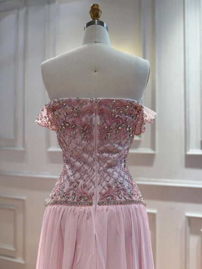 Luxury Pink Beaded Chiffon Off Shoulder A Line Evening Dress LA73698A