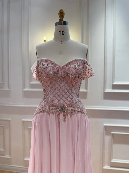 Luxury Pink Beaded Chiffon Off Shoulder A Line Evening Dress LA73698A
