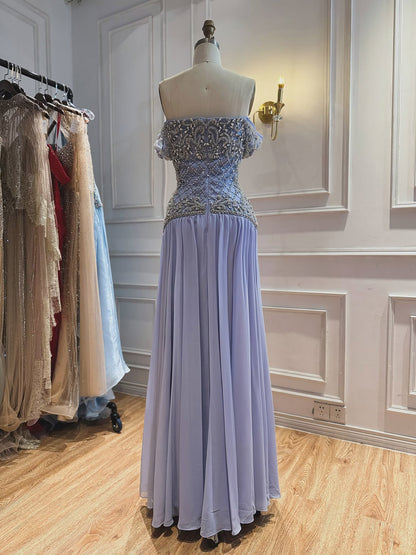 Luxury Pink Beaded Chiffon Off Shoulder A Line Evening Dress LA73698A