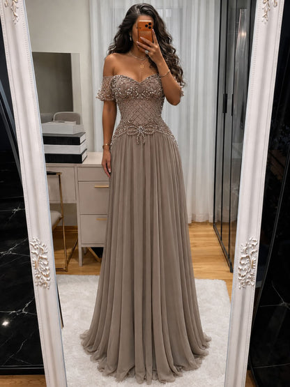 Luxury Pink Beaded Chiffon Off Shoulder A Line Evening Dress LA73698A