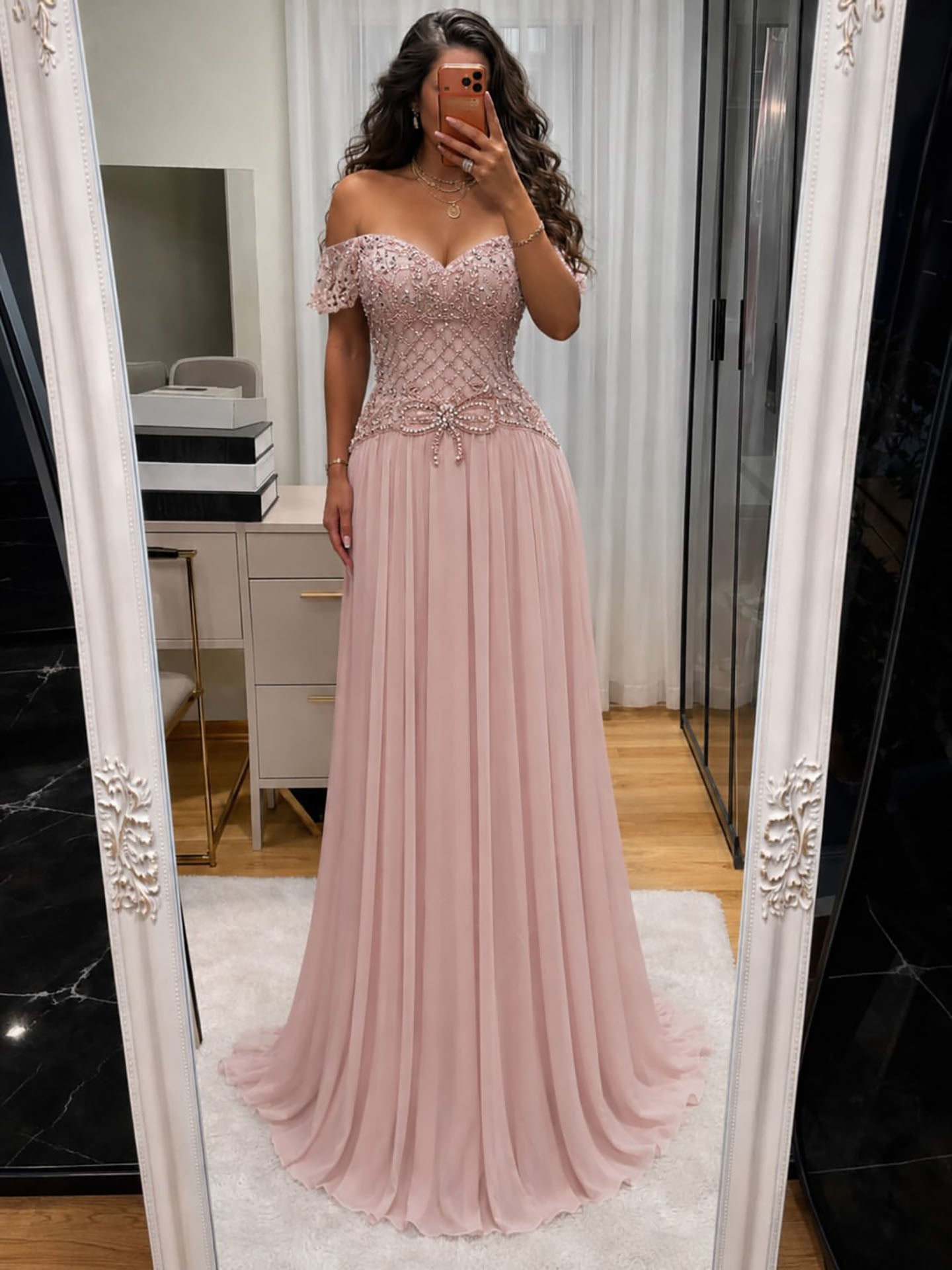 Luxury Pink Beaded Chiffon Off Shoulder A Line Evening Dress LA73698A