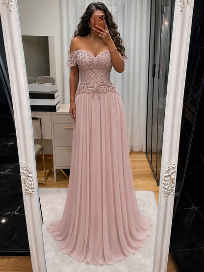Luxury Pink Beaded Chiffon Off Shoulder A Line Evening Dress LA73698A