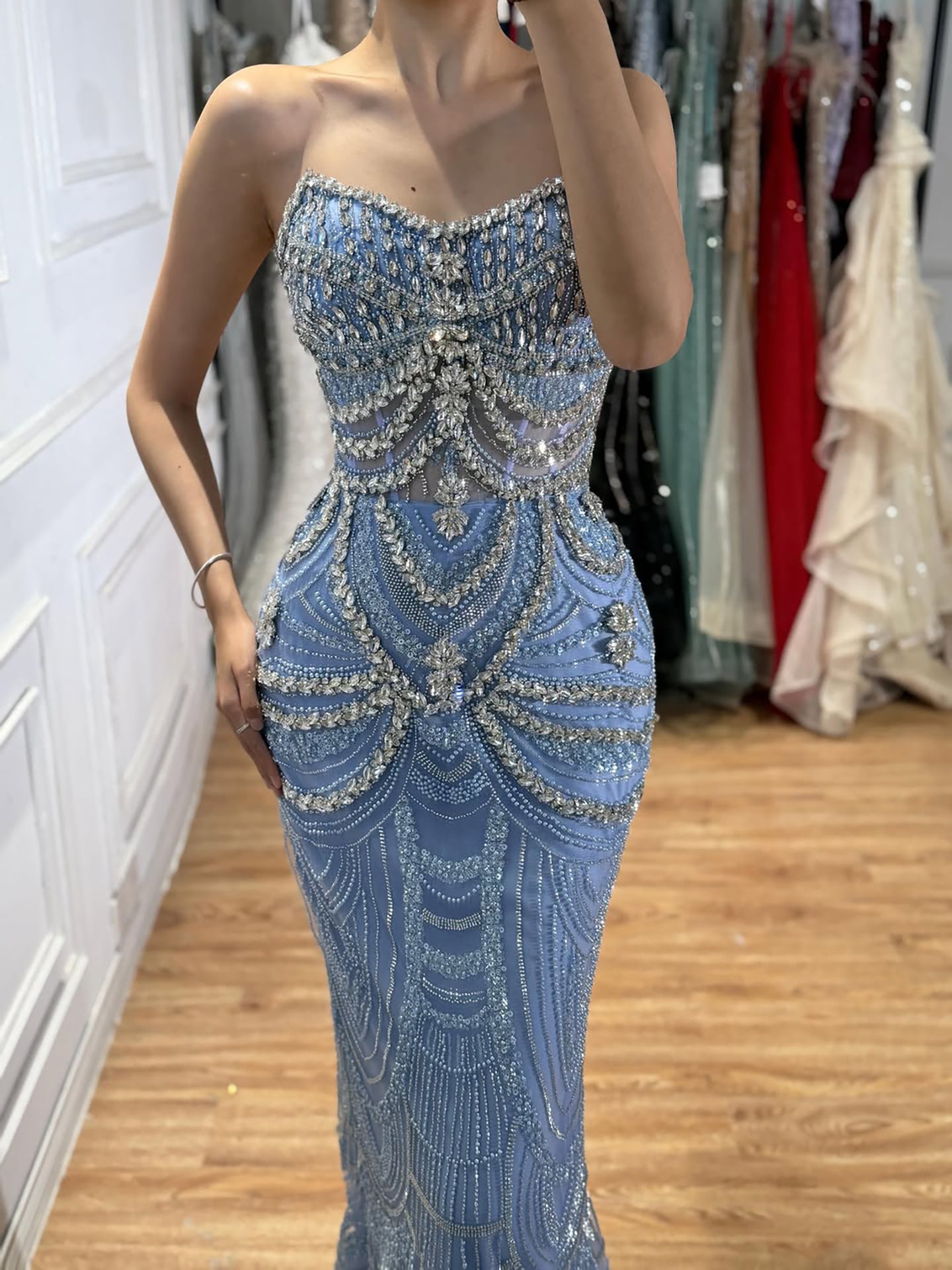 Luxury Blue Strapless Crystal Beaded Mermaid Evening Dress LA73701 SERENE HILL