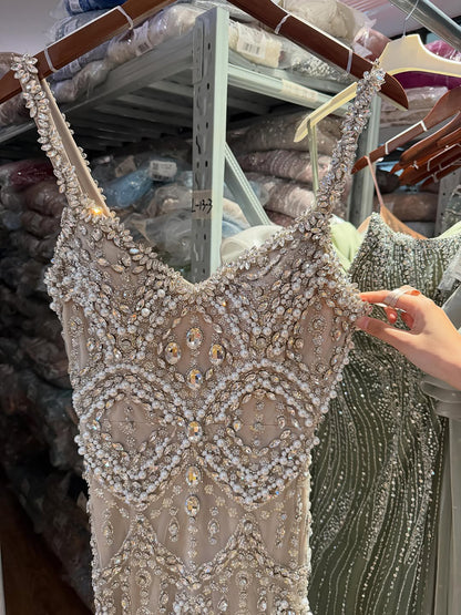 Luxury Silver Nude Spaghetti Strap Crystal Beaded Mermaid Evening Dress LA73702 SERENE HILL