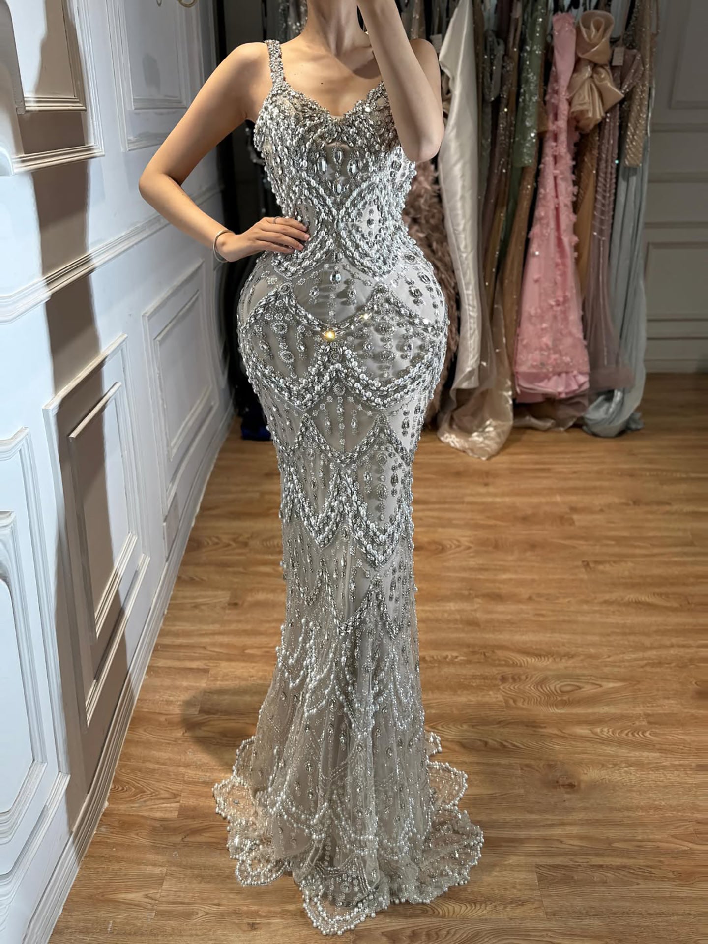 Luxury Silver Nude Spaghetti Strap Crystal Beaded Mermaid Evening Dress LA73702 SERENE HILL