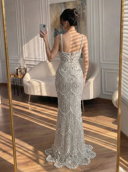 Luxury Silver Nude Spaghetti Strap Crystal Beaded Mermaid Evening Dress LA73702 SERENE HILL