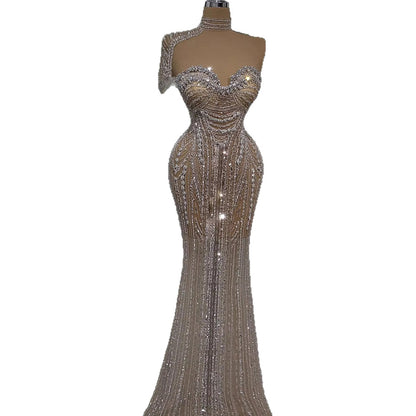 Luxury Silver Nude Strapless Crystal Beaded Mermaid Evening Dress with Cape LA73703