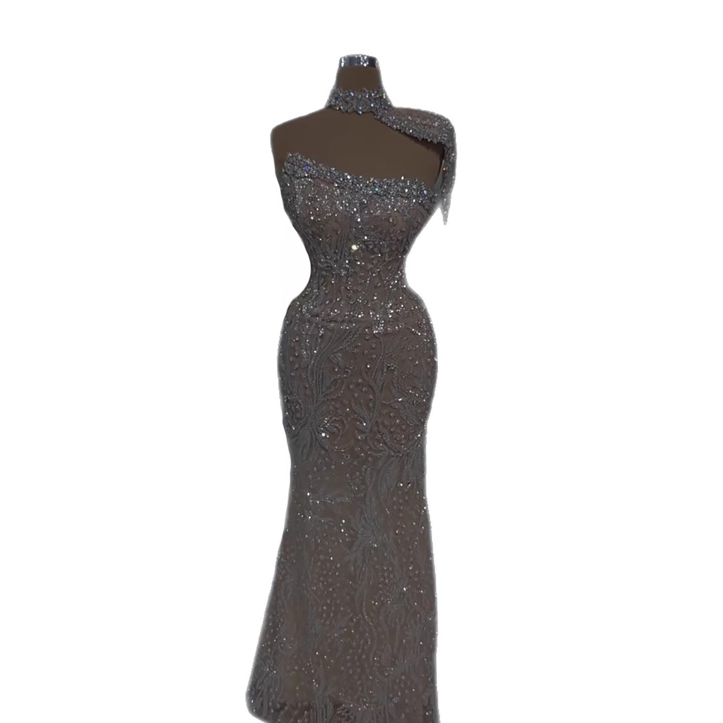 Luxury Silver Nude Crystal Beaded Mermaid Evening Dress with Cape LA73704
