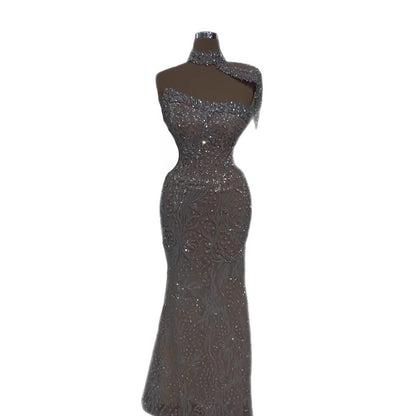 Luxury Silver Nude Crystal Beaded Mermaid Evening Dress with Cape LA73704