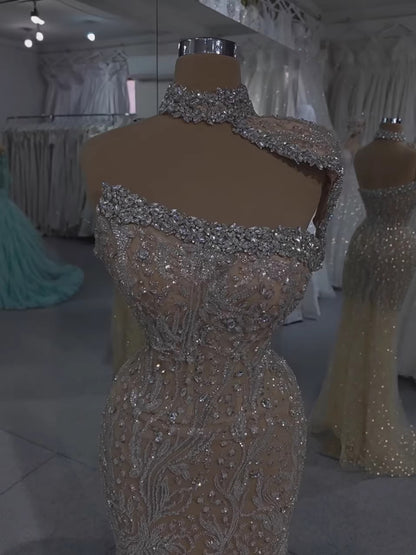 Luxury Silver Nude Crystal Beaded Mermaid Evening Dress with Cape LA73704