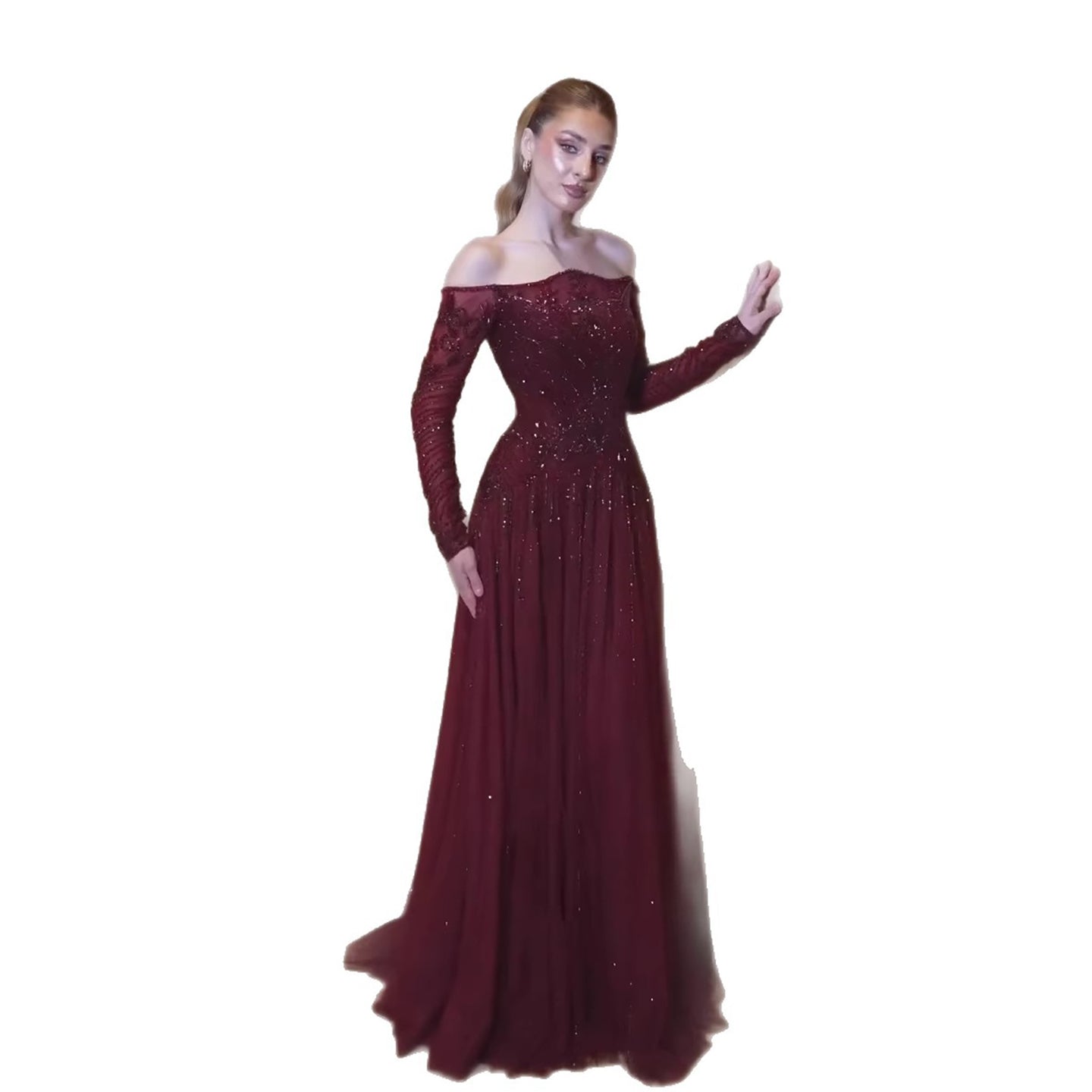 Luxury Wine Red Beaded Off Shoulder Long Sleeve Evening Dress LA73707