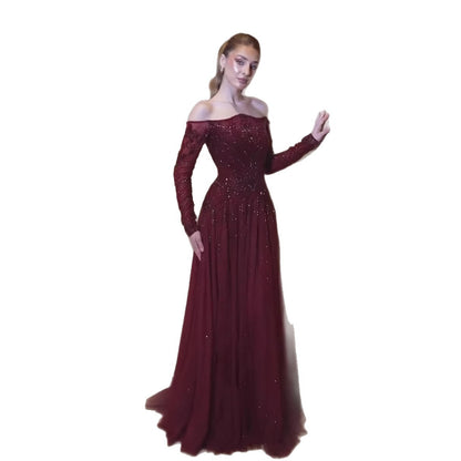 Luxury Wine Red Beaded Off Shoulder Long Sleeve Evening Dress LA73707