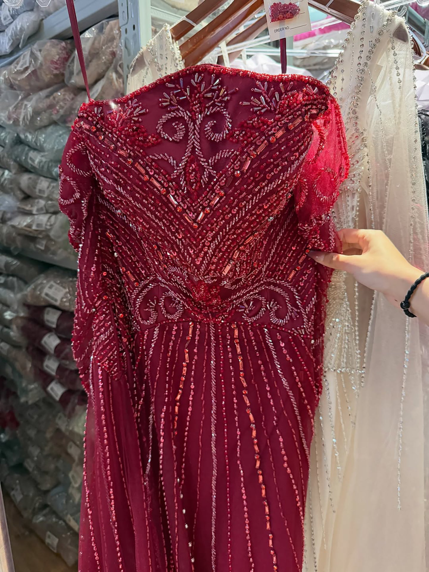 Luxury Wine Red Beaded Off Shoulder Long Sleeve Evening Dress LA73707 SERENE HILL