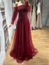 Luxury Wine Red Beaded Off Shoulder Long Sleeve Evening Dress LA73707 SERENE HILL