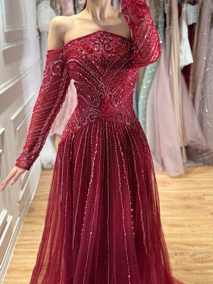 Luxury Wine Red Beaded Off Shoulder Long Sleeve Evening Dress LA73707 SERENE HILL