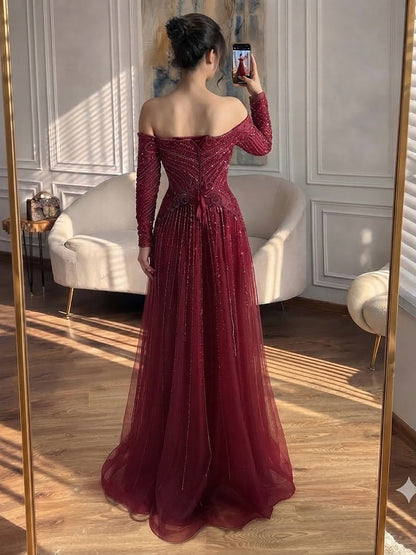 Luxury Wine Red Beaded Off Shoulder Long Sleeve Evening Dress LA73707 SERENE HILL