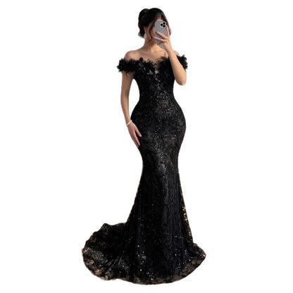 Luxury Black Floral Feather Beaded Mermaid Off Shoulder Evening Dress LA73708