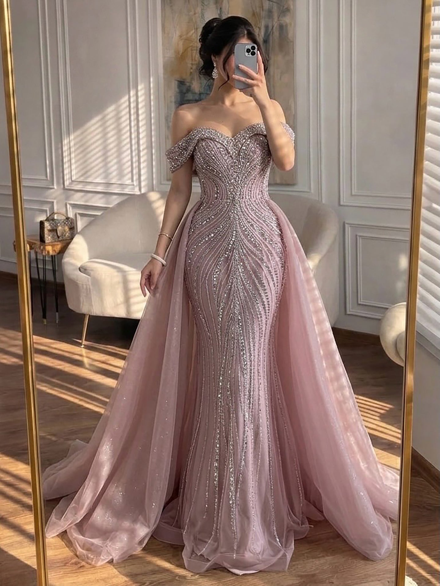 Luxury Nude Crystal Beaded Mermaid Dress with Overskirt LA73710