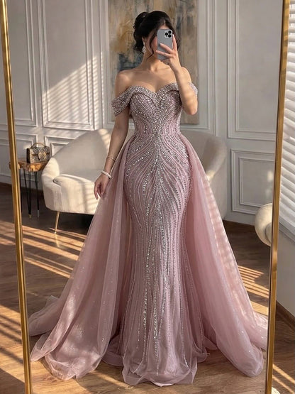 Luxury Nude Crystal Beaded Mermaid Dress with Overskirt LA73710