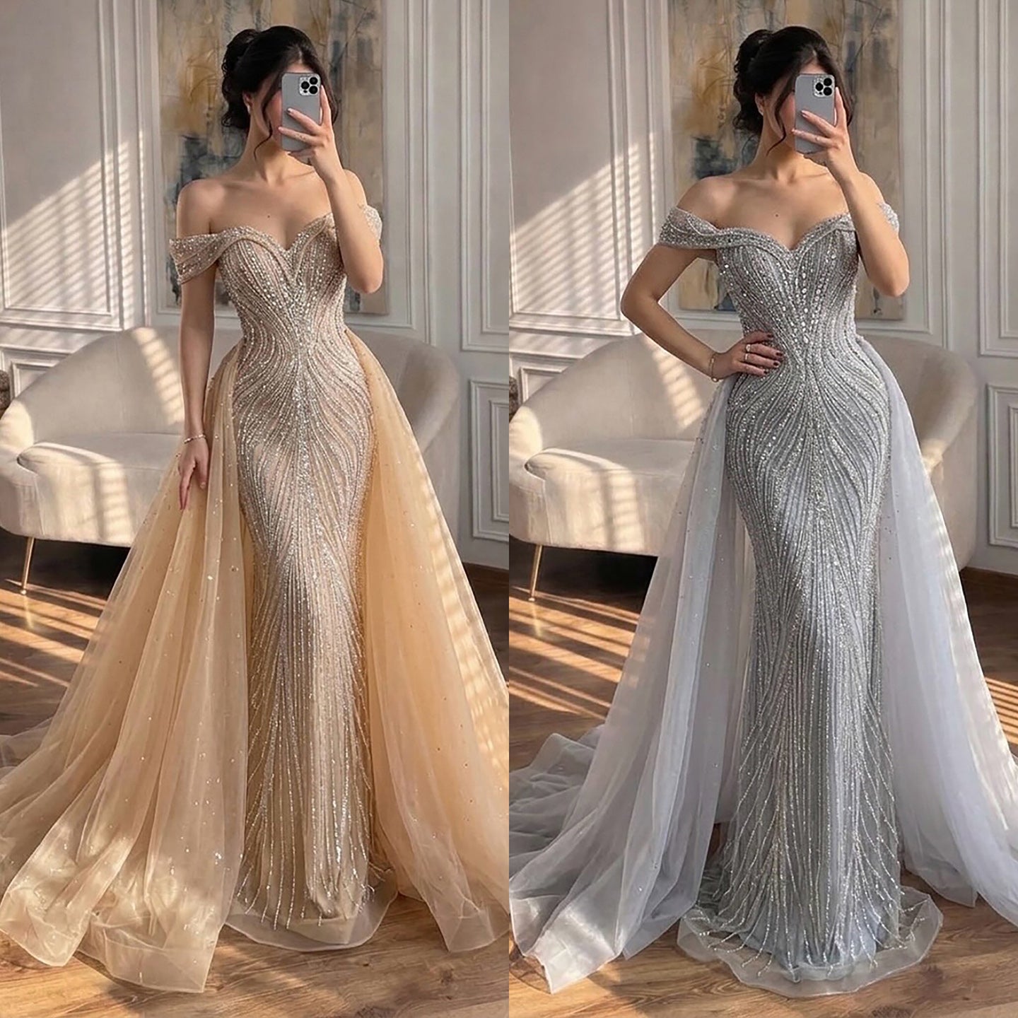 Luxury Nude Off Shoulder Crystal Beaded Mermaid Dress LA73710A SERENE HILL
