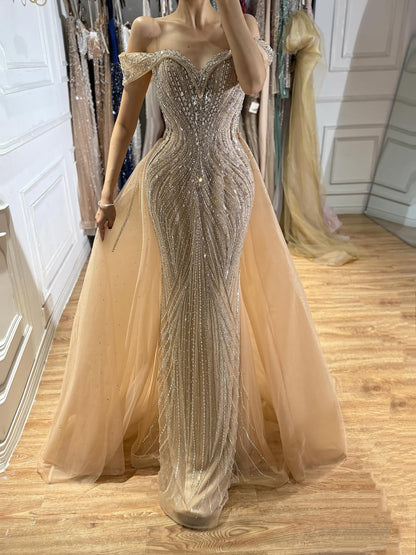 Luxury Nude Off Shoulder Crystal Beaded Mermaid Dress LA73710A SERENE HILL