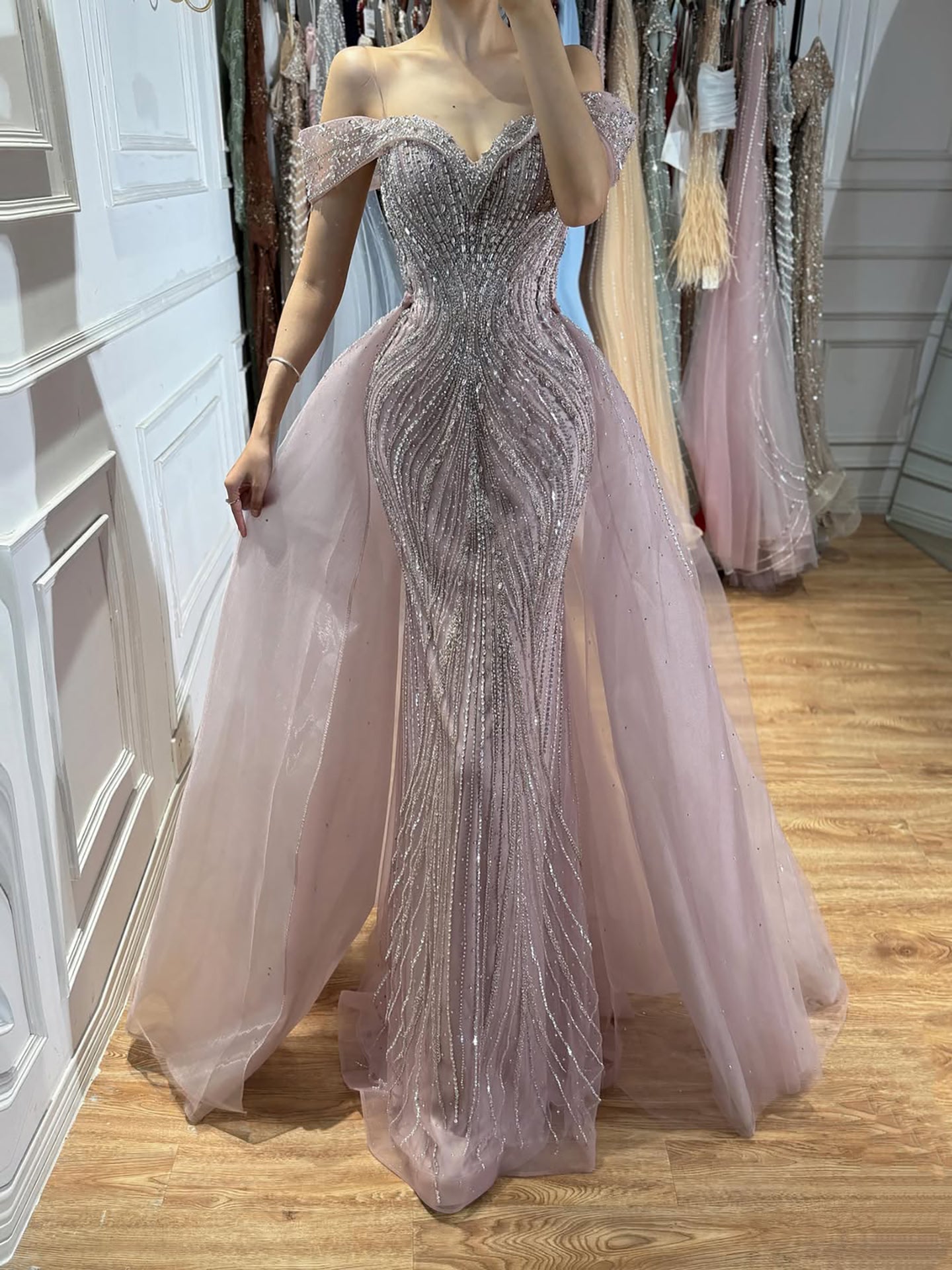 Luxury Nude Off Shoulder Crystal Beaded Mermaid Dress LA73710A SERENE HILL