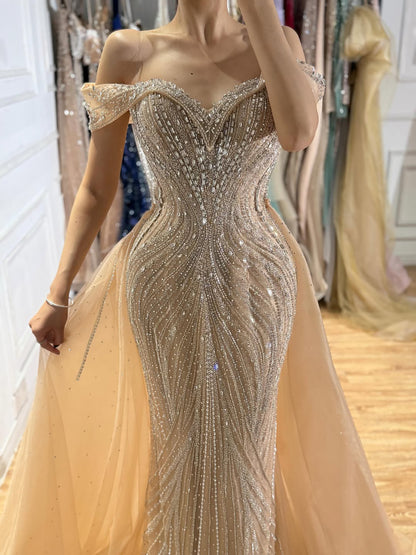 Luxury Nude Off Shoulder Crystal Beaded Mermaid Dress LA73710A SERENE HILL