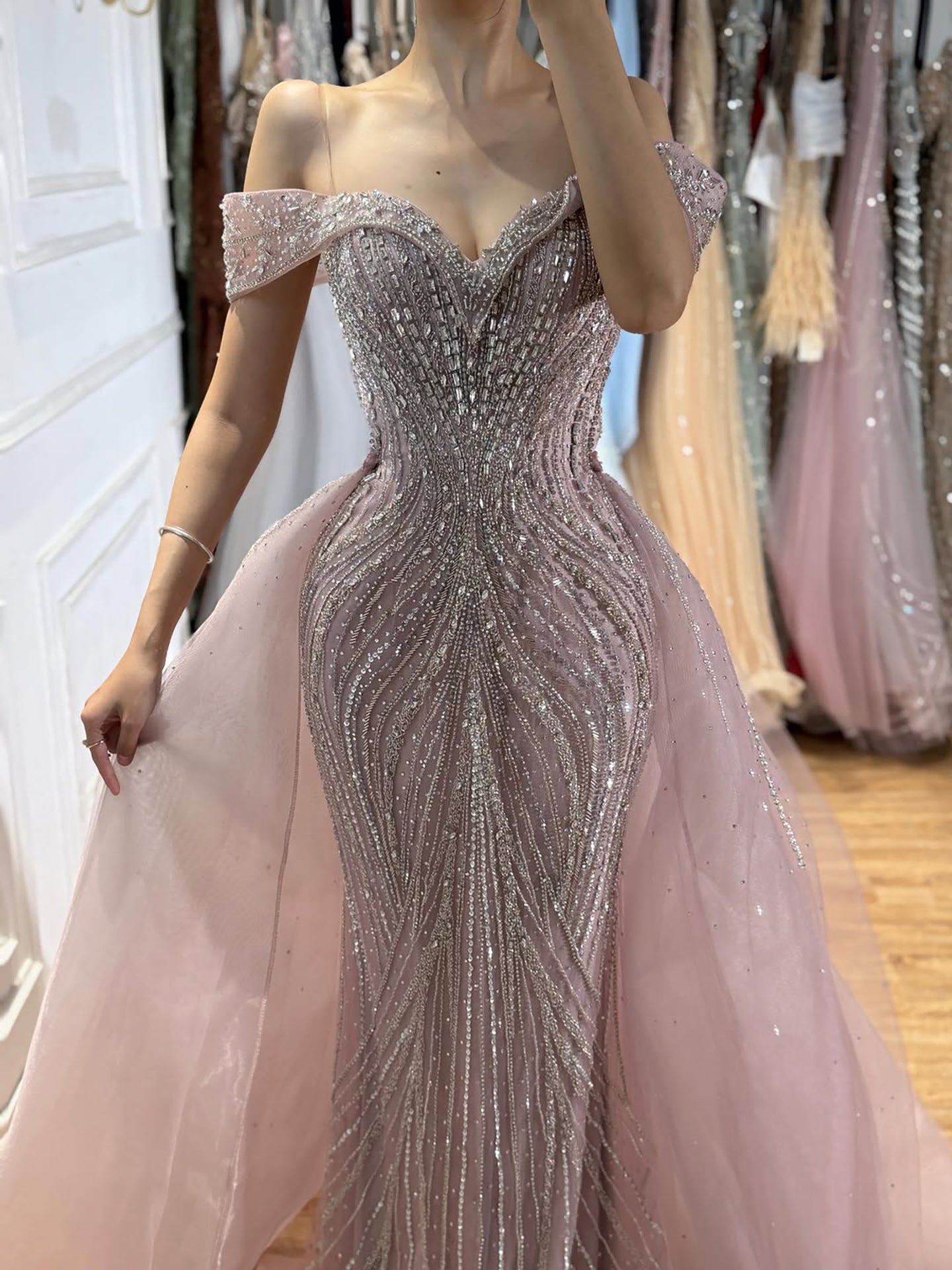 Luxury Nude Off Shoulder Crystal Beaded Mermaid Dress LA73710A SERENE HILL