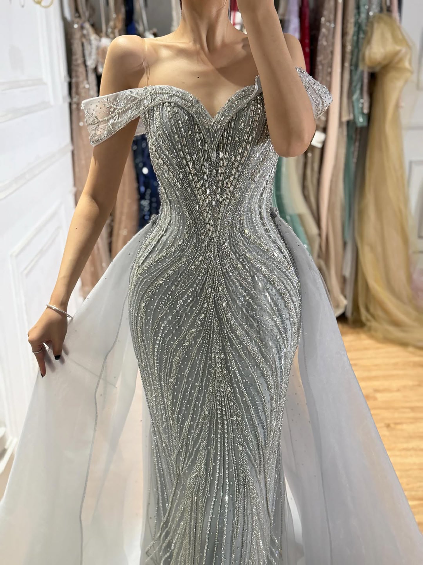 Luxury Nude Off Shoulder Crystal Beaded Mermaid Dress LA73710A SERENE HILL