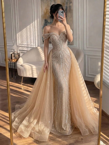 Luxury Nude Off Shoulder Crystal Beaded Mermaid Dress LA73710A SERENE HILL