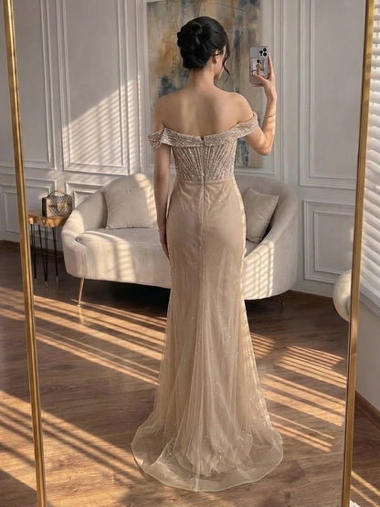Luxury Nude Off Shoulder Crystal Beaded Mermaid Dress LA73710A SERENE HILL