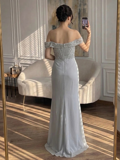 Luxury Nude Off Shoulder Crystal Beaded Mermaid Dress LA73710A SERENE HILL