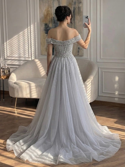 Luxury Nude Off Shoulder Crystal Beaded Mermaid Dress LA73710A SERENE HILL