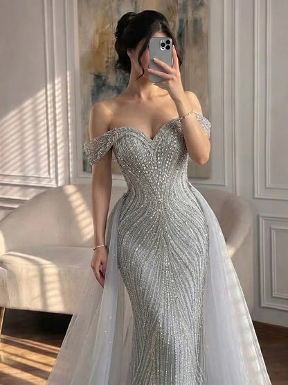Luxury Nude Off Shoulder Crystal Beaded Mermaid Dress LA73710A SERENE HILL