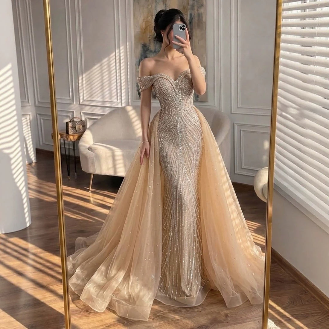 Luxury Nude Off Shoulder Crystal Beaded Mermaid Dress LA73710A SERENE HILL
