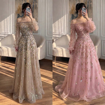 Luxury Pink Sequin Off Shoulder Tulle A Line Evening Dress LA73711 SERENE HILL