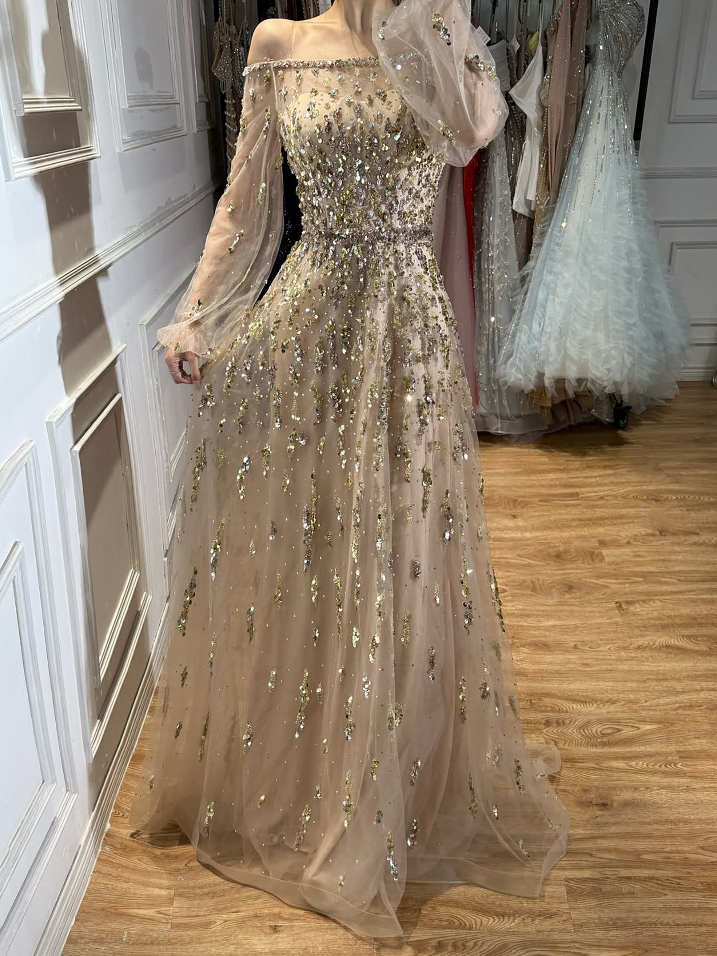 Luxury Pink Sequin Off Shoulder Tulle A Line Evening Dress LA73711 SERENE HILL