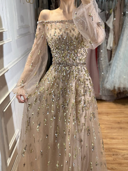 Luxury Pink Sequin Off Shoulder Tulle A Line Evening Dress LA73711 SERENE HILL