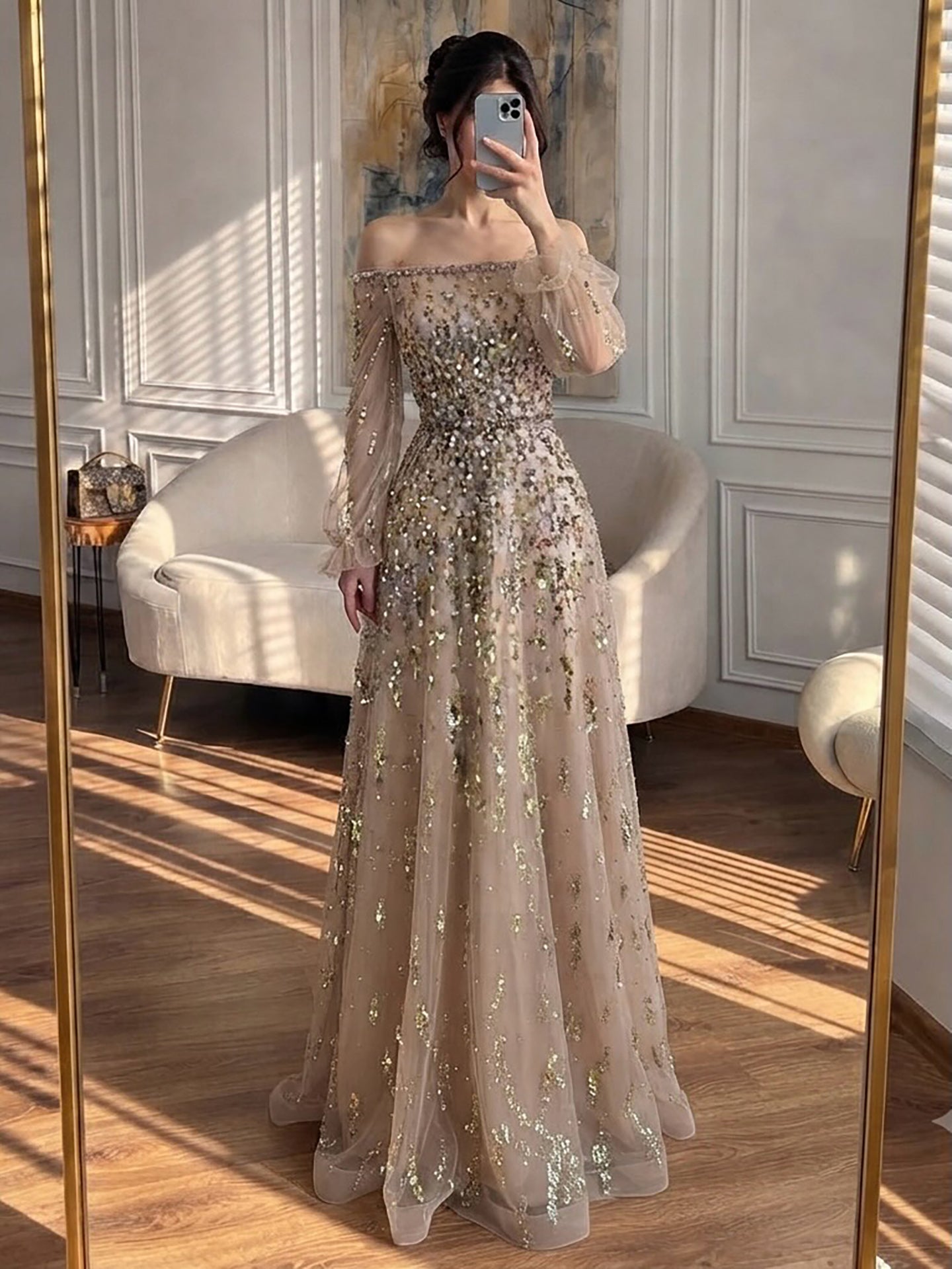 Luxury Pink Sequin Off Shoulder Tulle A Line Evening Dress LA73711 SERENE HILL