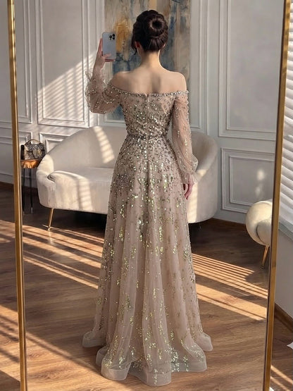 Luxury Pink Sequin Off Shoulder Tulle A Line Evening Dress LA73711 SERENE HILL