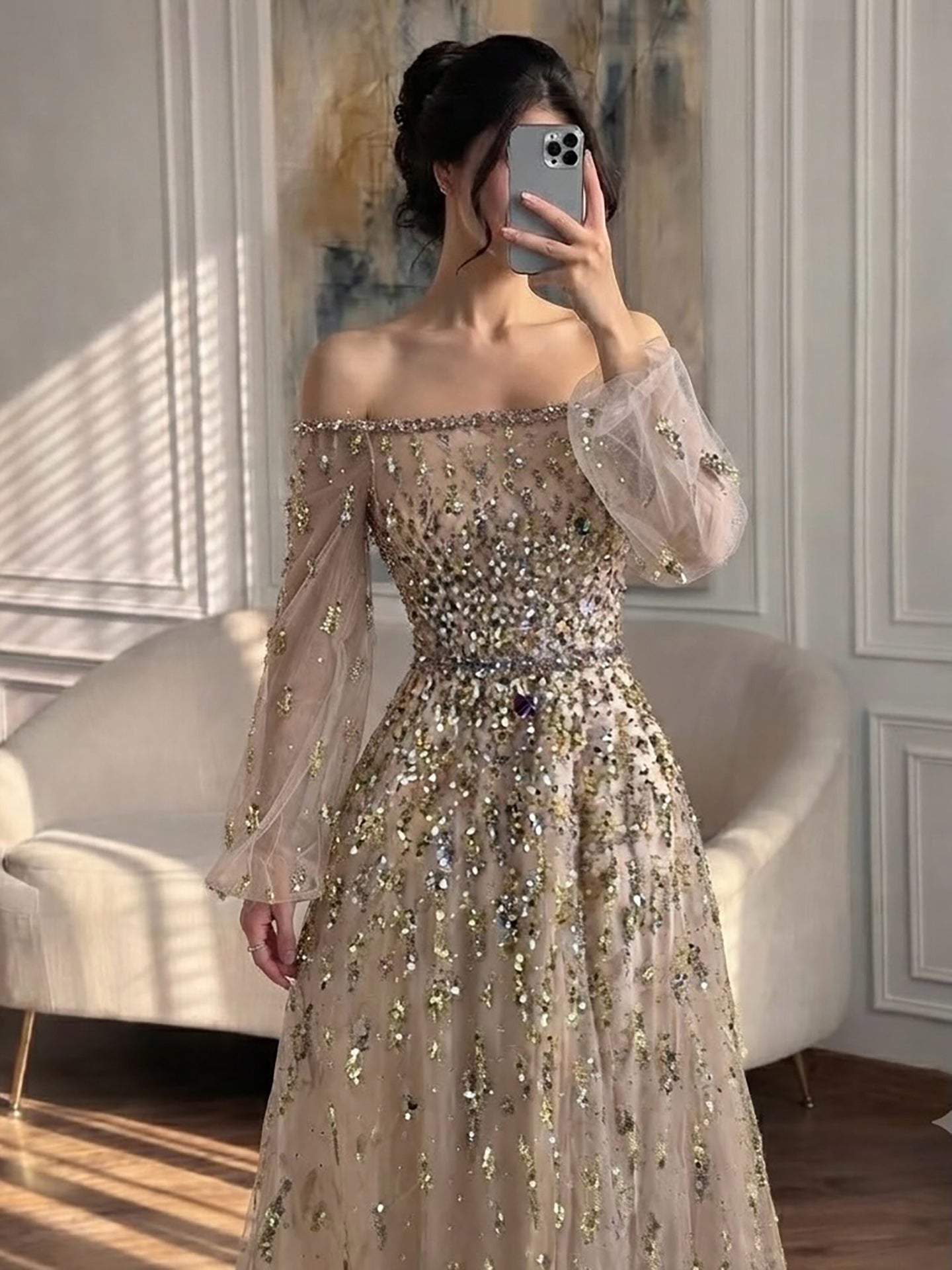 Luxury Pink Sequin Off Shoulder Tulle A Line Evening Dress LA73711 SERENE HILL
