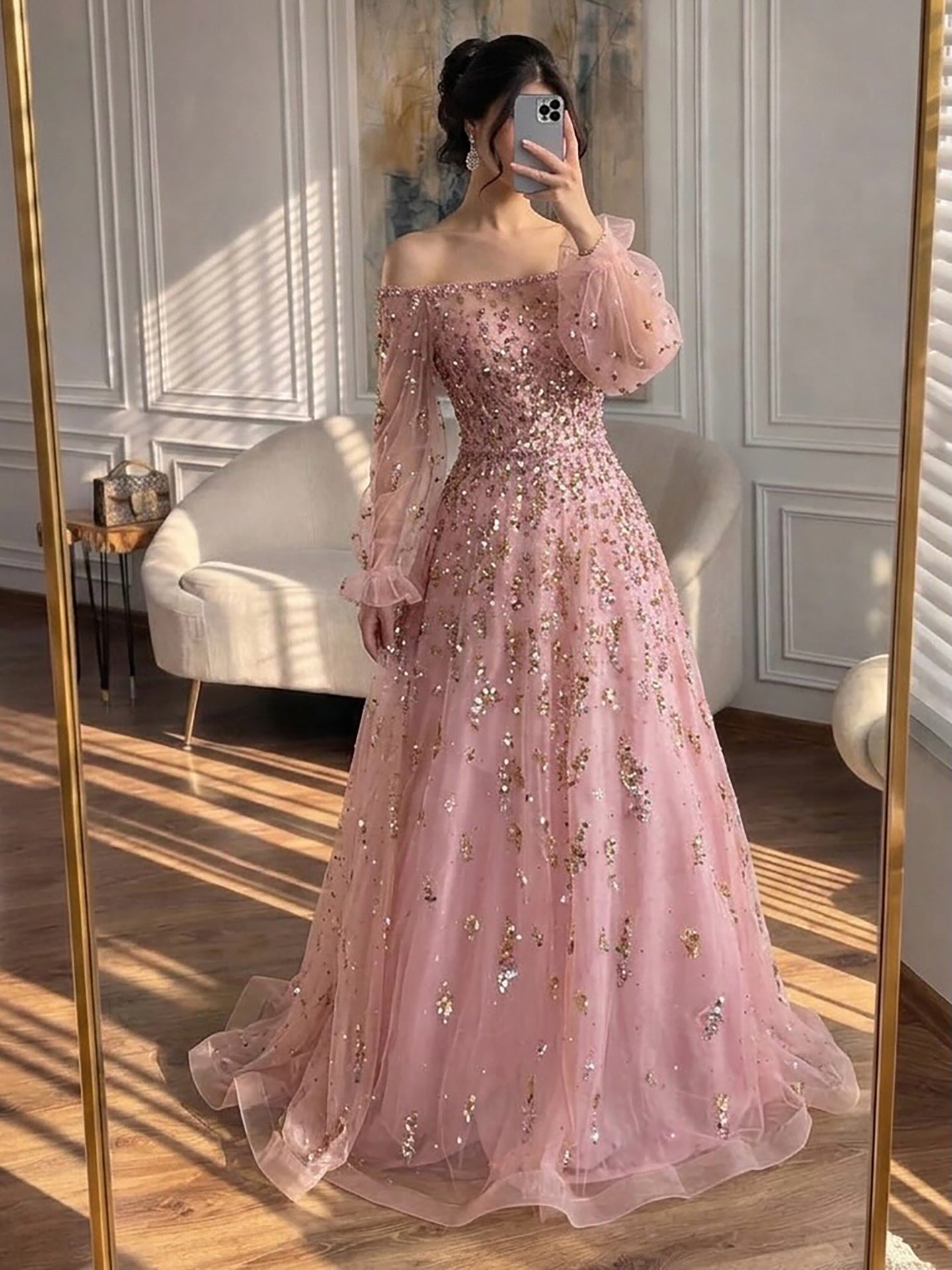 Luxury Pink Sequin Off Shoulder Tulle A Line Evening Dress LA73711 SERENE HILL Luxury Pink Sequin Off Shoulder Tulle A Line Evening Dress LA73711 SERENE HILL