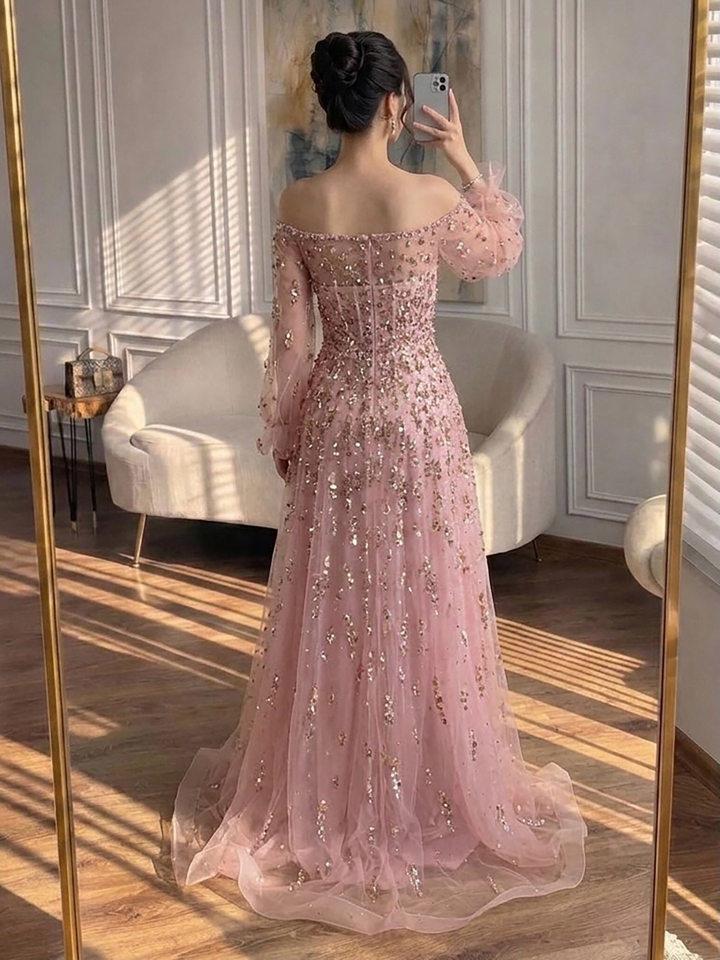 Luxury Pink Sequin Off Shoulder Tulle A Line Evening Dress LA73711