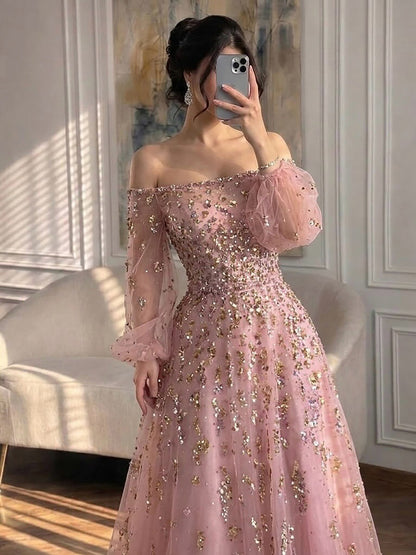 Luxury Pink Sequin Off Shoulder Tulle A Line Evening Dress LA73711