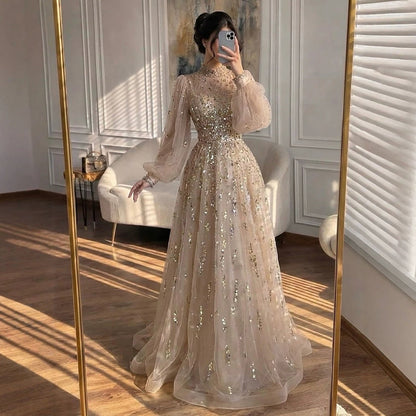 Luxury Nude Beaded High Neck Lantern Sleeve A-Line Dress LA73711A SERENE HILL