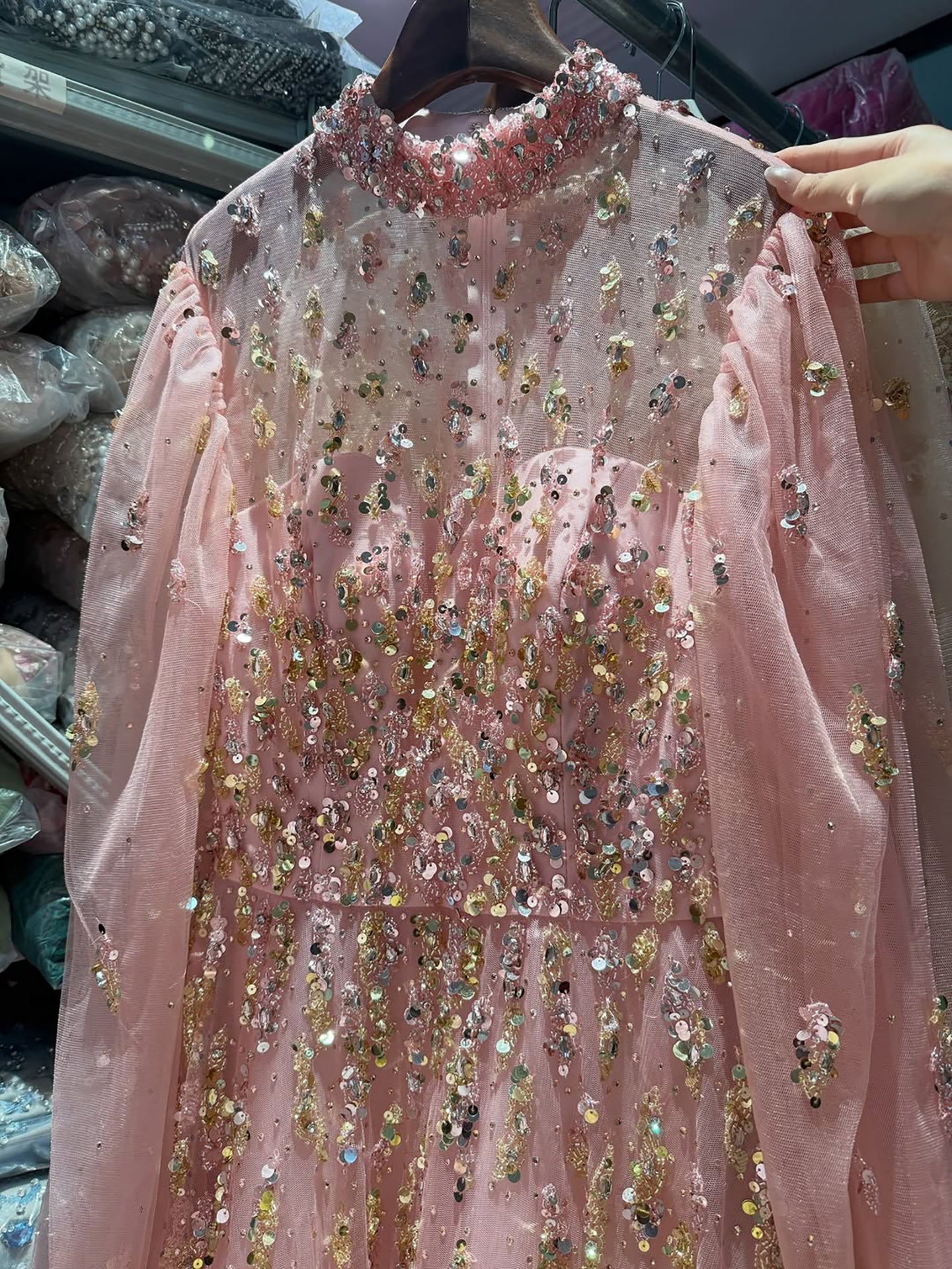 Luxury Nude Beaded High Neck Lantern Sleeve A-Line Dress LA73711A SERENE HILL