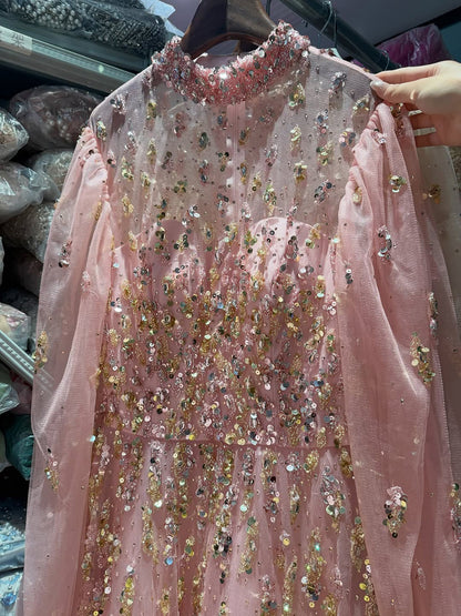 Luxury Nude Beaded High Neck Lantern Sleeve A-Line Dress LA73711A SERENE HILL