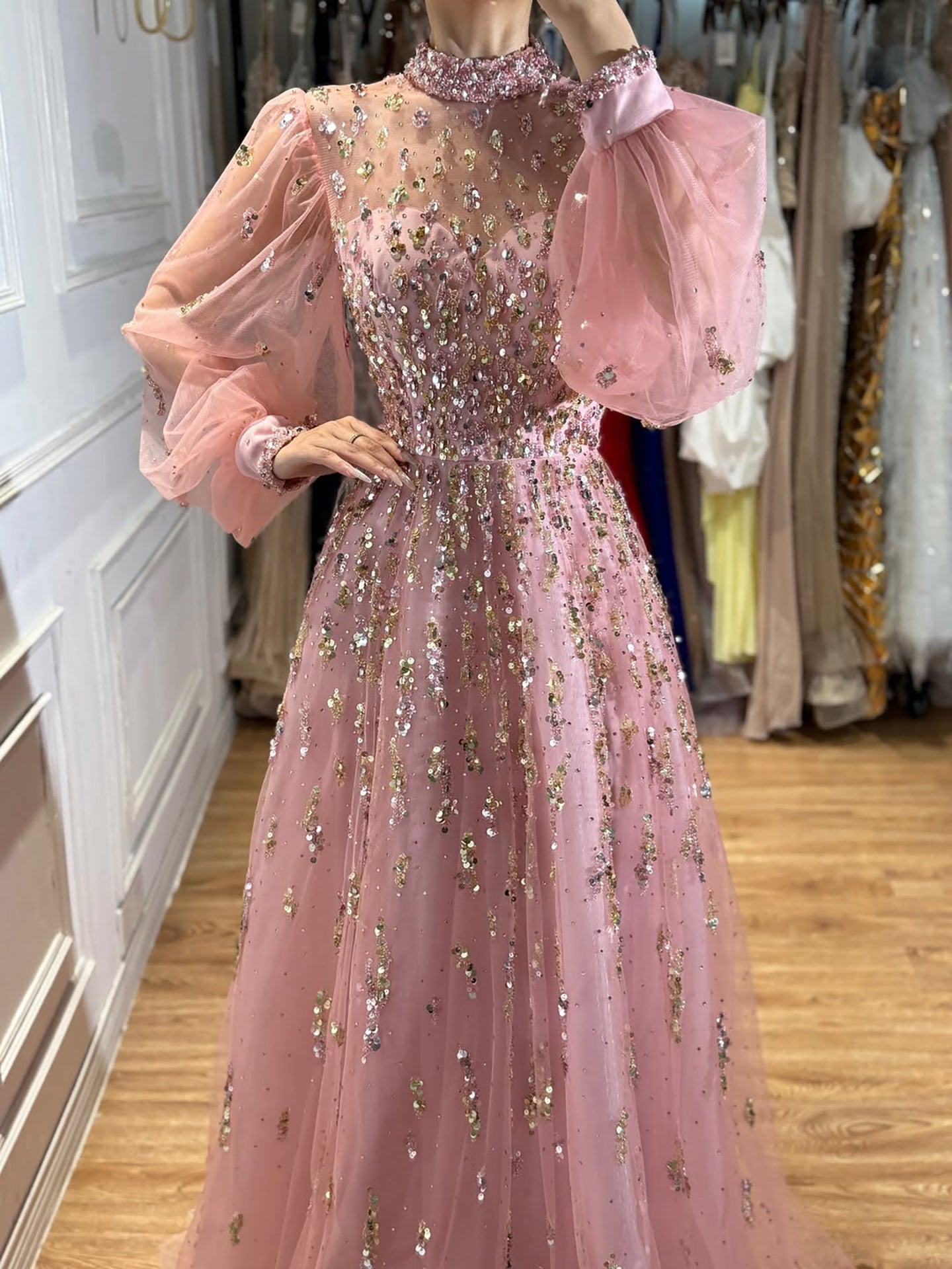 Luxury Nude Beaded High Neck Lantern Sleeve A-Line Dress LA73711A SERENE HILL