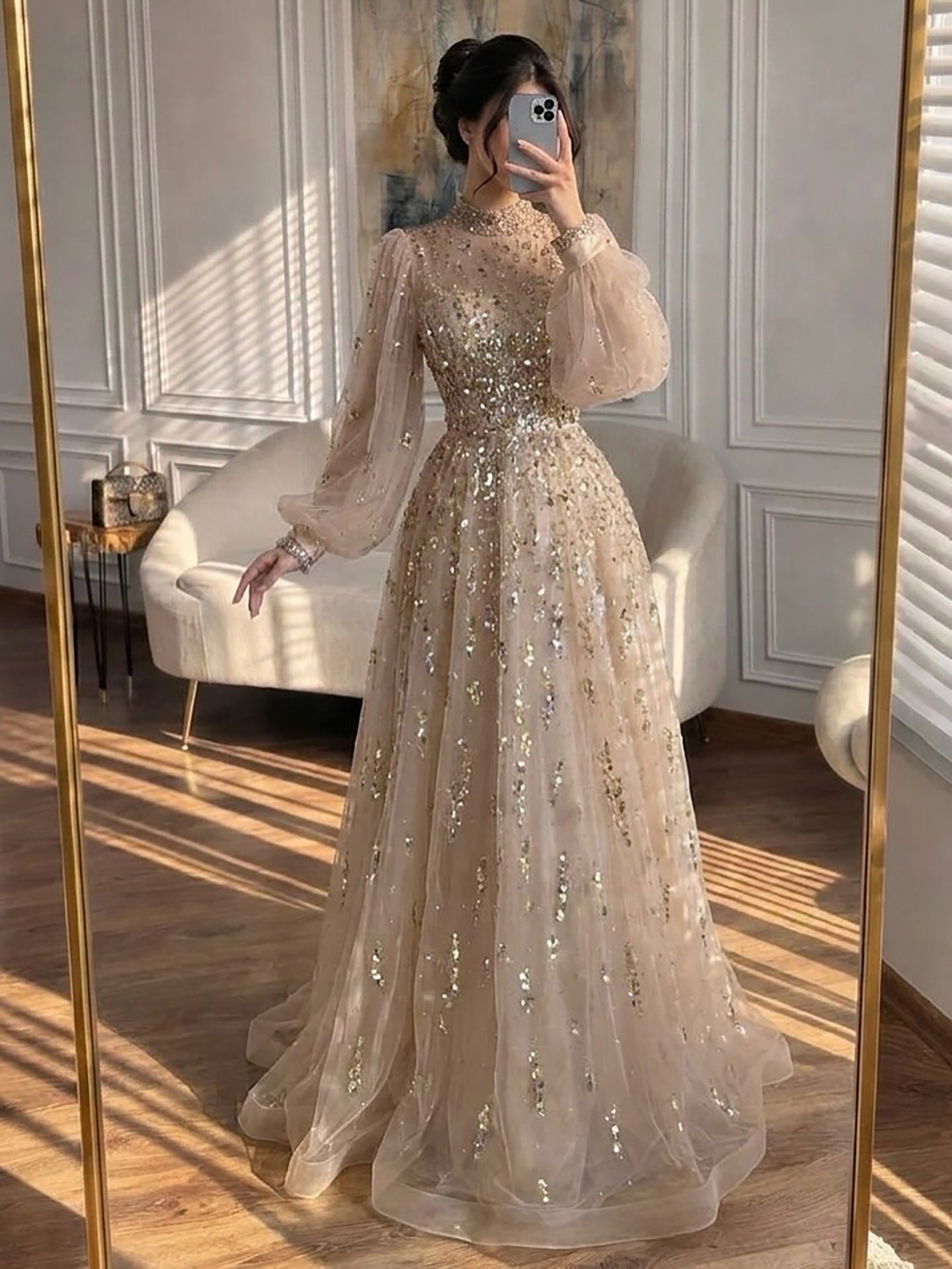 Luxury Nude Beaded High Neck Lantern Sleeve A-Line Dress LA73711A SERENE HILL