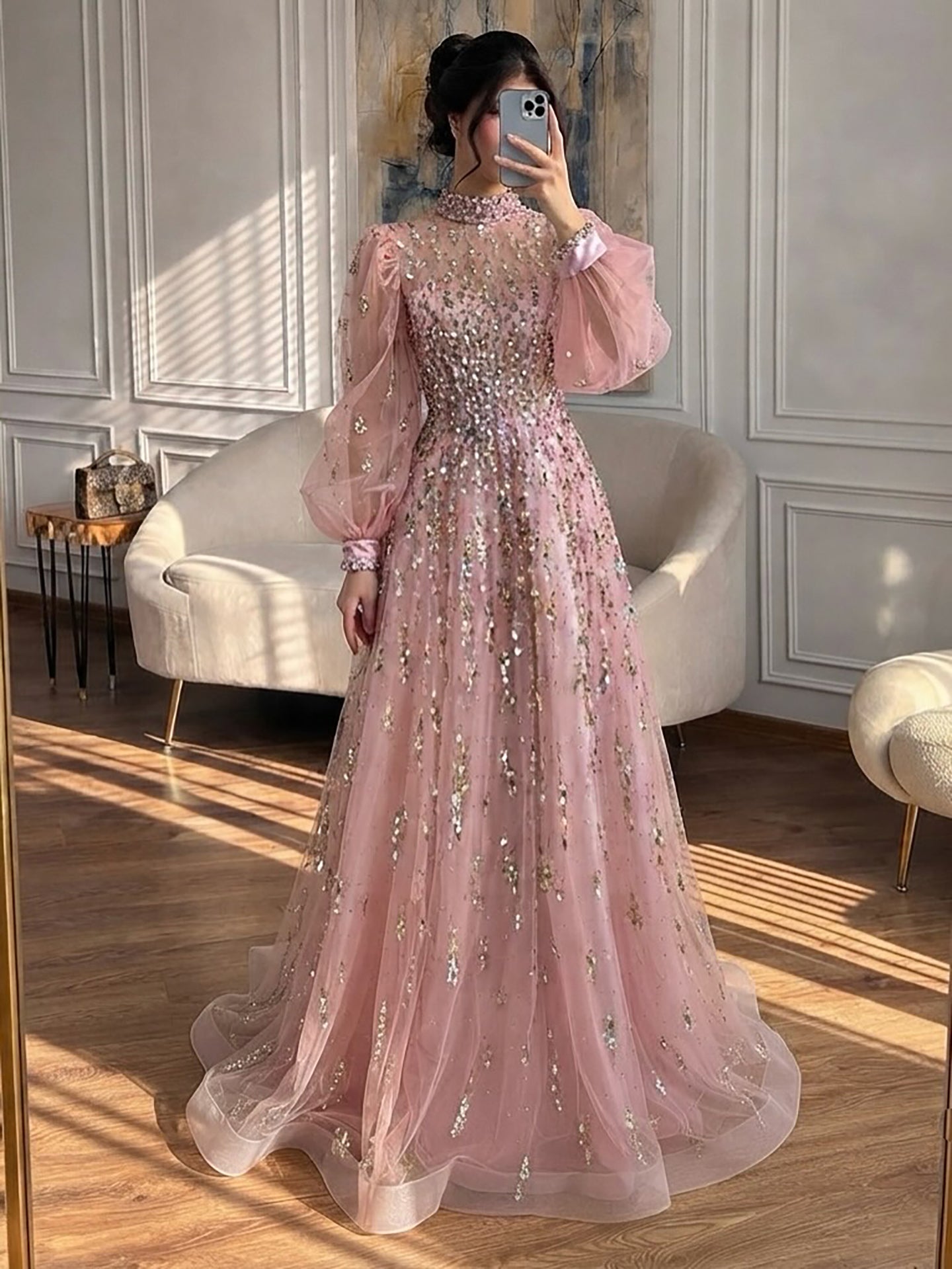 Luxury Nude Beaded High Neck Lantern Sleeve A-Line Dress LA73711A SERENE HILL